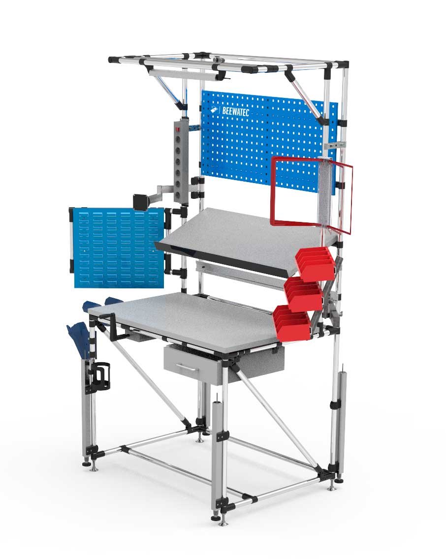 Assembly workstation made of round pipe with lifting system and various accessories