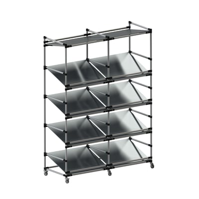 flow rack with shelves for easy removal of containers or products from pipe-racking system