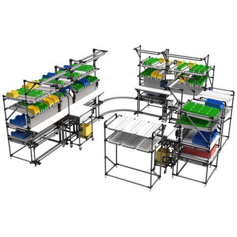 Assembly line with integrated shelving systems and work surfaces for fast, efficient and ergonomic operation