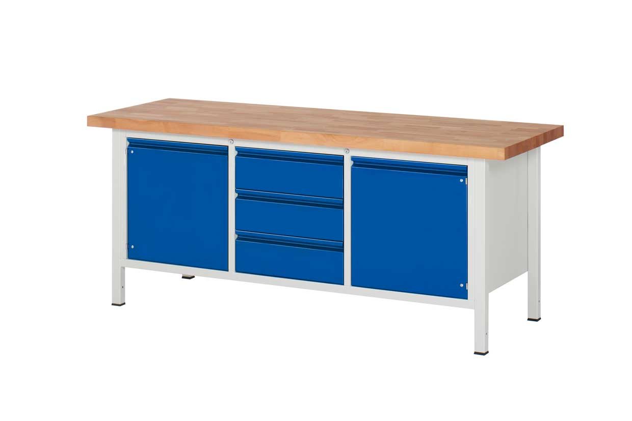 Workbench in light grey with substructure containers in gentian blue and worktop in solid beech