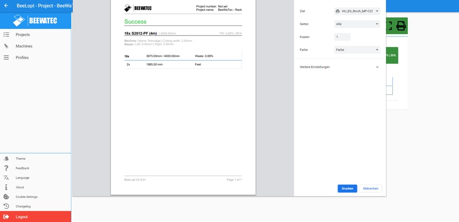 Overview of an optimized cutting list from BEELopt