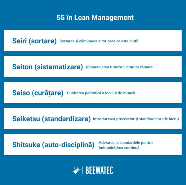 5S în Lean Management - diagramă generală - Seiri, seiton, seiso, seiketsu, shitsuke