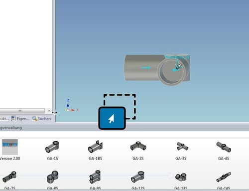 Hinzufügen von Komponenten mit der Maus per Drag & Drop, zur Auswahl stehen beispielsweise diverse Rohr Verbinder