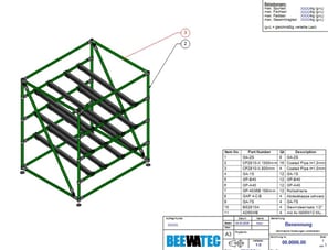 Rezultatul software-ului, desen CAD al unui raft de transfer, cu lista de componente și numerotare pentru o asamblare rapidă.
