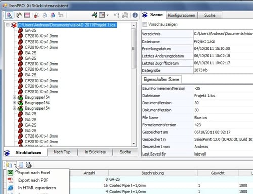 Export settings in the software to create a bill of materials