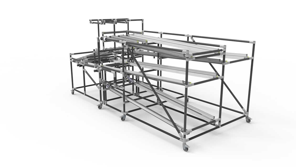 Complex flow rack made of black round pipe racking system with wheels