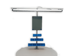 Ergonomic design with open fronted storage bins and workstation light for tables 
