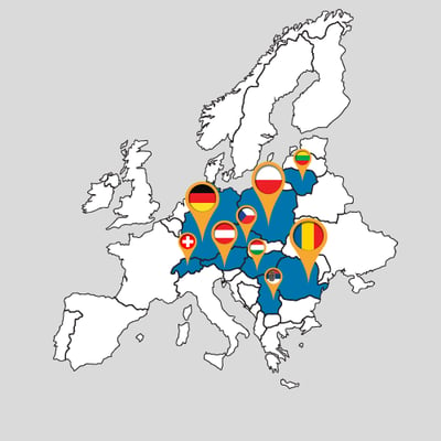 Pe o hartă a Europei sunt marcate țările în care sunt existente filiale sau parteneri BeeWaTec 