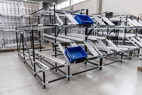 Large flow rack with many channels and roller rails for ergonomic picking and efficient storage 