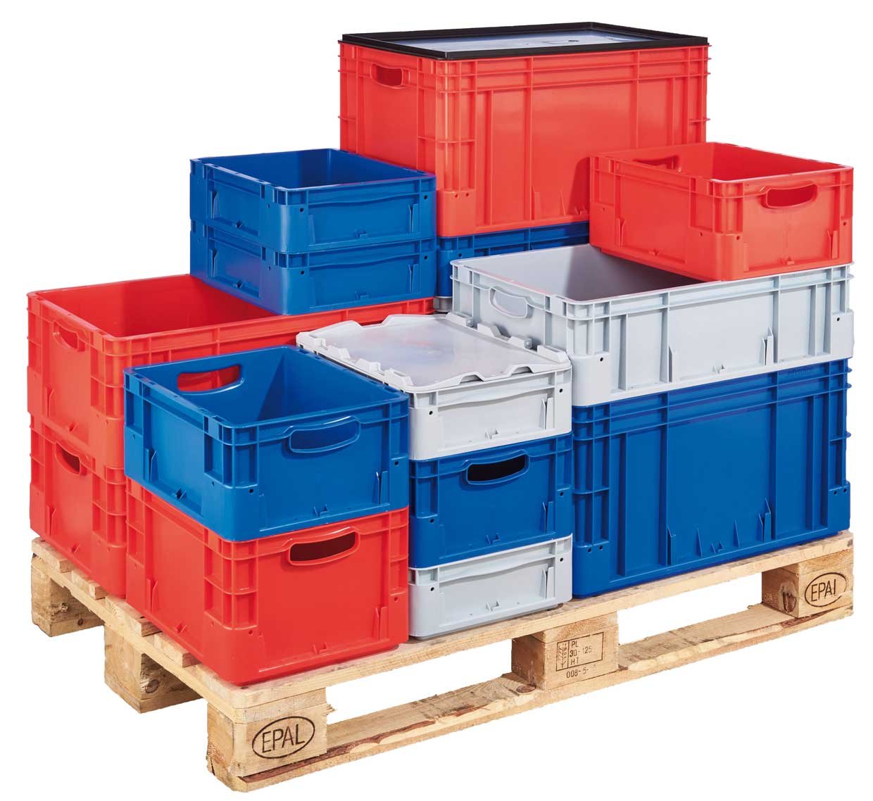 Sturdy plastic boxes in various sizes and colors, dimensionally fit on a Euro pallet.