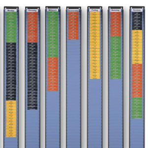 Multiple viewing boxes for each day of the week with different colored marker boxes are used as a scheduling system.