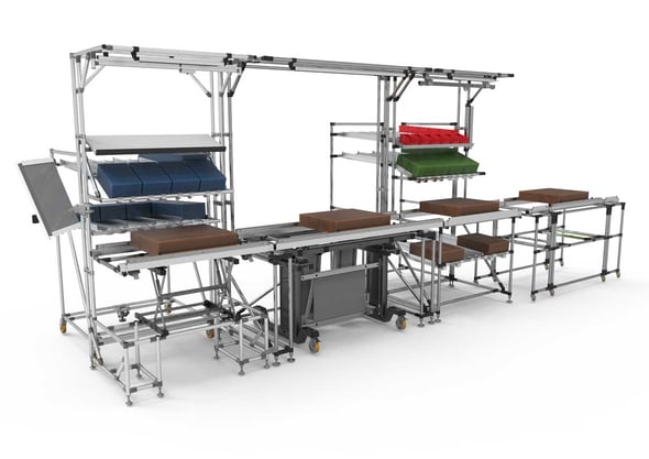 Overview of an assembly line from BeeWaTec with integrated racking systems for material supply
