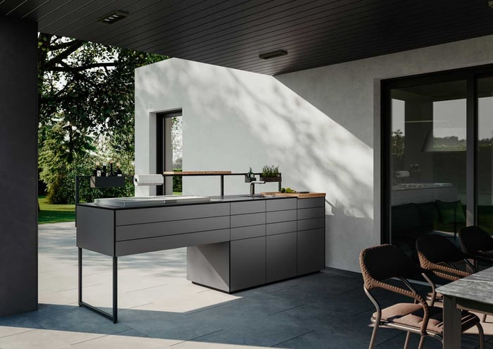 maet black outdoor kitchen with industrial design, grey & matte black finish - WaVision Portfolio