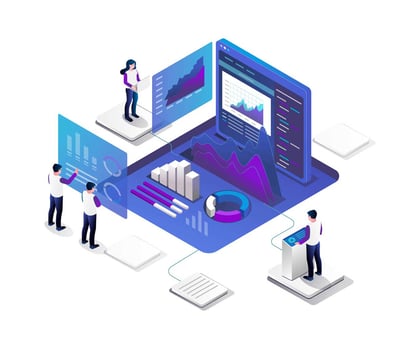 Digitale Kennzahlen und Diagramme werden von vier Personen analysiert