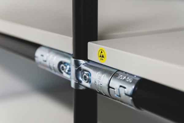 ESD rack made from BeeWaTec's pipe racking system, featuring galvanized joints, ESD panels and ESD pipes