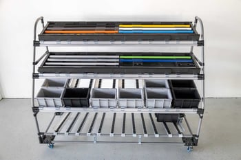 Simple flow rack with curved pipes for ergonomic picking of materials and boxes