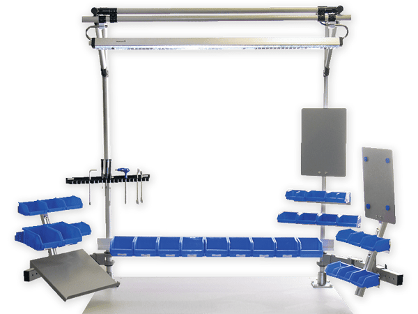 Ergonomic workstation (BeeWaTec) for production with open fronted storage bins and flexible holders for material and tools