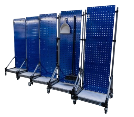 Five cleaning stations with blue perforated panels