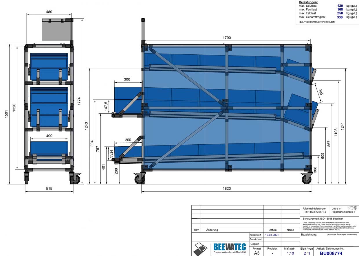 Screenshot einer Ansicht von einer CAD-Zeichnung eines Durchlaufregals, erstellt in der Software BEEVisio